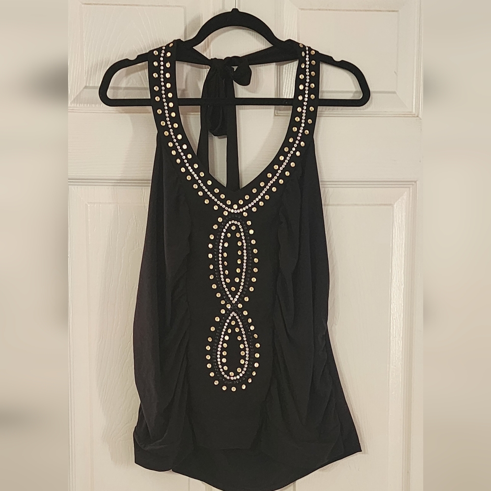 SEVEN7 Sexy Black Halter Dress Top with gold silver black accents Plus 14/16